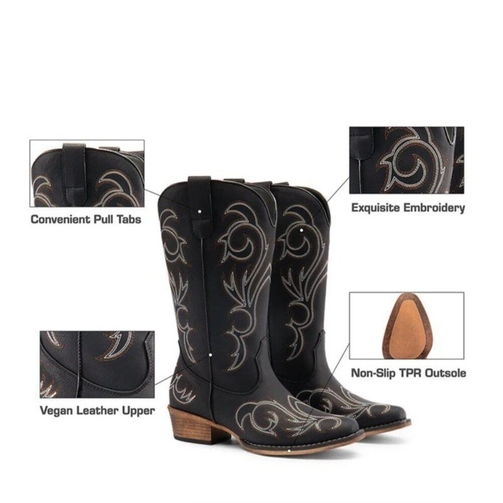 Women 8 Square-toe Mid-Calf Cowgirl Boots Embroidered Western Black- Dream Paris - Picture 3 of 14